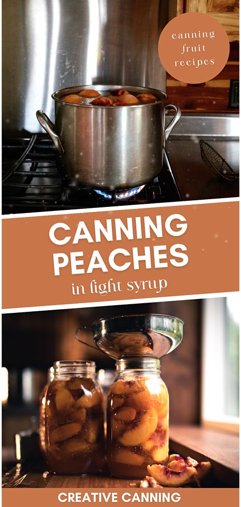 Uncover the pleasure of canning peaches in light syrup with our step-by-step guide. Learn all about canning whole peaches, understand the importance of a water bath canner, and take your first confident steps in canning fruit in jars. This guide is perfectly tailored to beginners, but also full of valuable insights for seasoned canners. Canning Peaches In Light Syrup, Canning Peaches Recipes, Fruit In Jars, Preserve Peaches, Canning Fruit Recipes, Canning Apple Pie Filling, Water Bath Canning Recipes, Canning Peaches, Pressure Canning Recipes