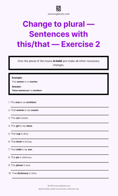 Give the plural of the nouns in bold and make all other necessary changes. Download this printable worksheet in pdf FREE. Answer key included. #english #englishgrammar #noun #eslworksheets #esl #eslwebsite #engblocks Irregular Plural Nouns Worksheet, Plural Nouns Worksheet, Plurals Worksheets, Irregular Plural Nouns, Irregular Plurals, Common And Proper Nouns, English Grammar Rules, Nouns Worksheet, Singular And Plural