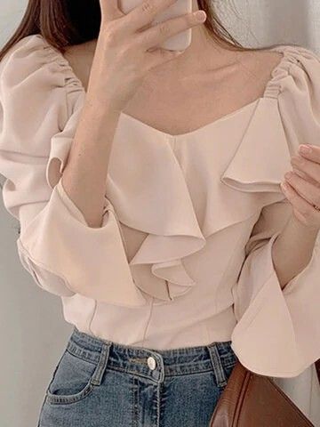 Puffy Sleeve Shirt, Blouse Tops Designs, Pleated Shirt, Blouse Designs Latest, Elegant Shirt, Chic Clothes, Fashion Chic, Clothes Online, Ruffle Trim