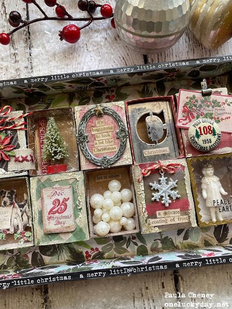 Matchbox Crafts Diy, Christmas Shadowboxes, Christmas Dioramas, Christmas Assemblage, Matchbox Crafts, Christmas Diorama, Tim Holtz Crafts, Vintage Christmas Crafts, Christmas Craft Ideas