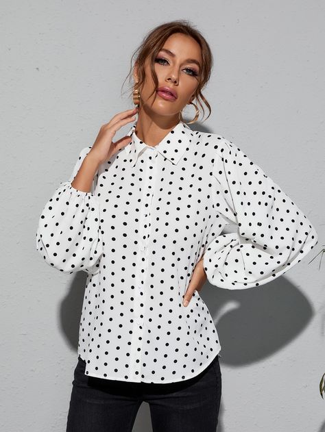 White Polka Dot Blouse Outfit, White Polka Dot Shirt Outfit, Polka Dot Sweater Outfit, Polka Dot Shirt Outfit, Polka Dot Blouse Outfit, Teen Camp, Lantern Sleeve Shirt, White Polka Dot Shirt, Polka Dot Shirt Dress