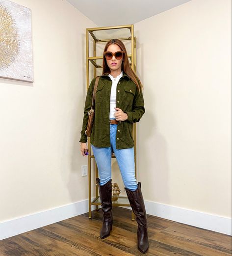 Fall outfit idea - Paired jeans with tall knee boots, a white shirt and a olive green cover up buttoned up shirt. #fall #ootd Fall Outside, Fall Ootd, Autumn Fashion Women, Outfit Idea, Fall Outfit, White Shirt, Knee Boots, Women Fashion, Olive Green