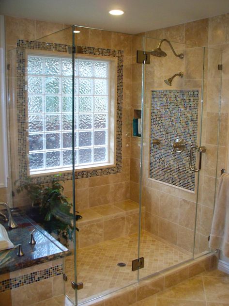 Frameless Corner Shower Enclosure with Glass to Glass hinges Shower Windows Ideas, Glass Block Shower, Makeover Kamar Mandi, Mediterranean Bathroom, Glass Block Windows, Bathroom Window Treatments, Window In Shower, Bright Bathroom, Master Bath Remodel