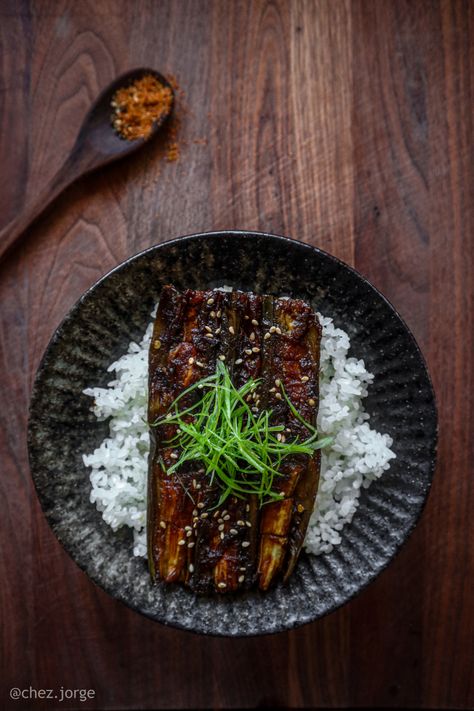 Vegan Unagi Don (Eggplant) Shojin Ryori Recipe, Eggplant Unagi, Vegan Unagi, Unagi Don, Chez Jorge, Shojin Ryori, Grilled Eel, Vegan Seafood, Japanese Vegan