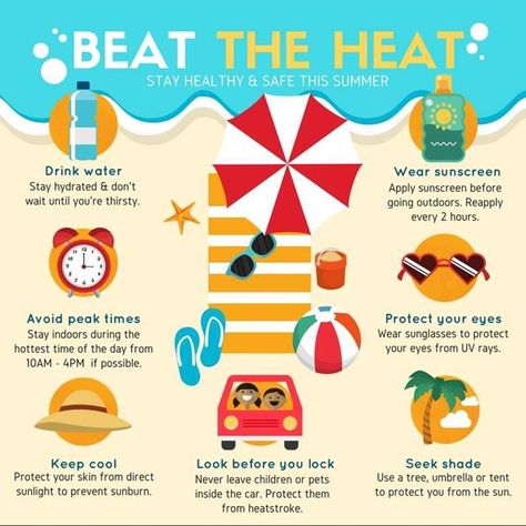 Beat the heat with these cool tips to remain safe and healthy! Before packing that bag for your summer vacation, take a look at this and share it to your family and friends! <3  #beattheheat #summer #health #lifestyle #summer2019 #summerheat #tips #awareness #naturesbranch Summer Safety Tips, Heat Safety, Summer Safety, Heat Exhaustion, Summer Health, Wet Felting Projects, Go Outdoors, Wear Sunscreen, Healthy Summer