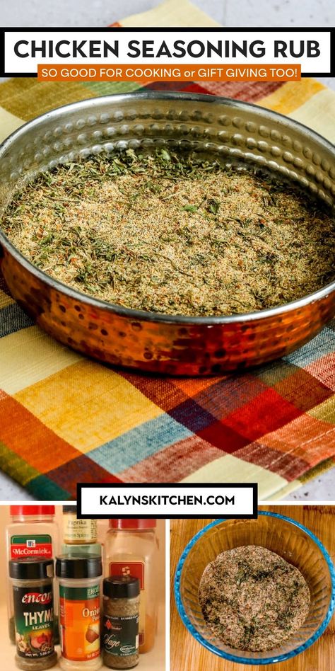 This Chicken Seasoning Rub is a delicious herb blend to use on any kind of chicken that's being roasted, pan-fried, or baked. And this salt-free chicken seasoning is a fun idea for something to give as a holiday gift, and this recipe makes plenty to give away. [found on kalynskitchen.com] #ChickenSeasoningRub #ChickenSeasoningBlend #FoodGiftsforHolidays Baked Chicken Seasoning, Roast Chicken Seasoning, Chicken Rub Recipes, Chicken Seasoning Recipes, Salt Free Seasoning, Delicious Chicken Dinners, Chicken Rub, Spice Mix Recipes, Rub Recipes