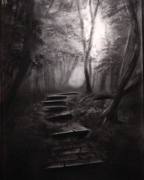 This is a realistic artwork of a dark foggy forest done with charcoal pencils Foggy Forest Drawing Pencil, Charcoal Artwork Sketches, Charcoal Artwork Ideas, Dark Pencil Art, Charcoal Sketches Realistic, Dark Charcoal Art, Forest Pencil Drawing, Forest Drawings, Dark Foggy Forest