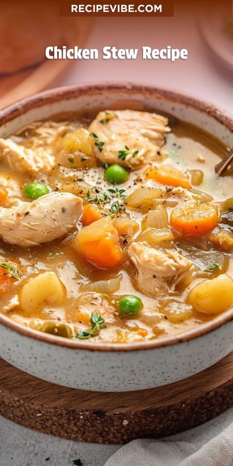 Craving a hearty yet light dinner option that’s packed with flavor? This Chicken Stew Recipe is the answer, combining tender chicken and fresh vegetables for a deliciously wholesome meal. Don’t forget to save this recipe for those busy weeknights when you need something quick and comforting! Chicken Soup Or Stew Recipes, Hearty Chicken And Vegetable Soup, Chicken Stew Crock Pot Recipes, Chicken And Veggie Stew, Chicken Stew Keto, Chicken Vegetable Stew Crockpot, Chicken And Barley Soup Recipes, Whole 30 Chicken Stew, Chicken And Vegetable Stew Recipes