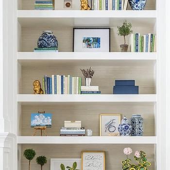 Grasscloth On Back Of Built In Shelves Design Ideas Wallpaper In Bookshelves Built Ins, Transitional Living Room Design, Decorative Bookshelves, Kate Marker Interiors, Bookcase Styling, Shelving Ideas, Cottage Living Rooms, Bookshelf Design, Living Room Shelves