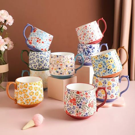 Floral Coffee Mugs, Ceramic Painting Ideas Mugs Inspiration, Ceramic Cup Painting Ideas, Boho Mugs, Ceramic Mug Painting, Maximalist Floral, Mug Product, Boho Mug, Floral Mugs