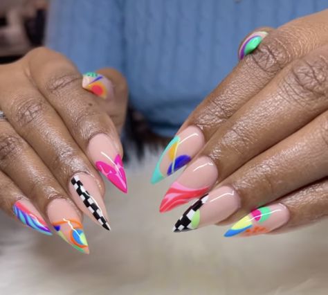 Colorful Abstract Nail Art, Colorful Abstract Nails, Short Pink Abstract Nails, Abstract Colorful Nails, Nail Abstract, Multi Colored Abstract Nails, Nail Display, 90s Nails, Nails Styles