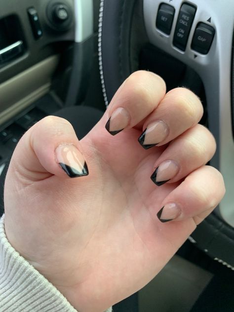 Black V Tip Nails Square, Black V Shape French Tip Nails, Black And White Criss Cross French Tip Nails, Black Diagonal Tip Nails, Black French Tip Nails Square With Cross, Black V French Tip Nails, V Cut French Tip Nails, V Tip Nails, V French Tip Nails