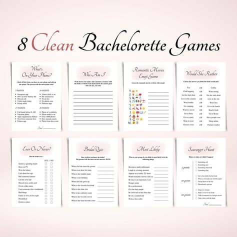 8 Clean Bachelorette Party Games Printable Bachelorette Game - Etsy Bachelorette Party Games Clean, Clean Bachelorette Party Games, Hens Party Games, Clean Bachelorette Party, Party Games Printable, Classy Bachelorette Party, Bachelorette Game, Bridal Party Games, Hen Party Games