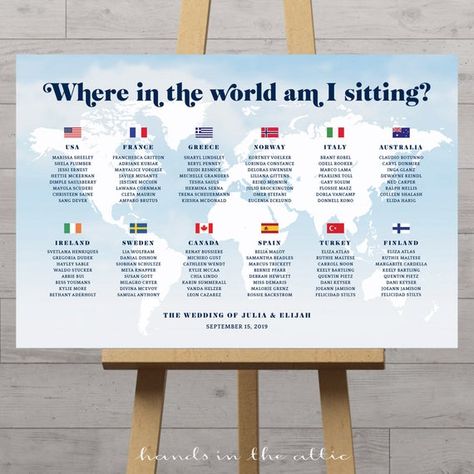 World map seating chart with tables represented by country flags - customized digital file to print on your own by HandsInTheAttic Aviation Wedding Theme, Wedding Seating Chart Display, Table Organization, Wedding Planning Organizer, Wedding Table Seating Chart, Travel Themed Wedding, Rustic Wedding Seating, Map Wedding, Travel Theme Wedding