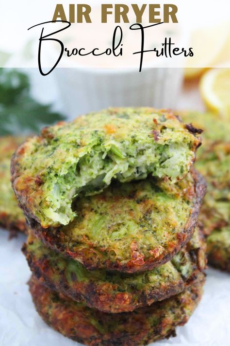 These air fryer broccoli fritters are made in less than 30 minutes with simple, everyday ingredients. They're packed with parmesan and cheddar cheese then air fried until the edges are perfectly golden and crispy. Even the kids will love this recipe. #airfryerrecipes #airfryerfritters #broccolifritters #broccolirecipes Air Fryer Veggie Patties, Brocolli Fritters Recipes, Broccoli Parmesan Fritters, Brocoli Recipes Air Fryer, Healthy Broccoli Fritters, Breaded Broccoli Air Fryer, Air Fryer Smashed Broccoli, Broccoli And Cheese Fritters, Broccoli Fries Air Fryer