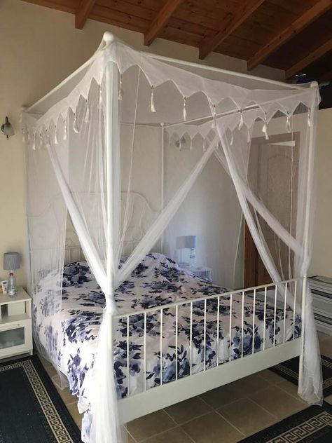 Bed Frame With Poles, Bed Frame Curtains, Bed Frame With Curtains, Vintage Bed Frame, Old Bed Frames, King Single Bed, High Beds, Old Beds, Ikea Bed