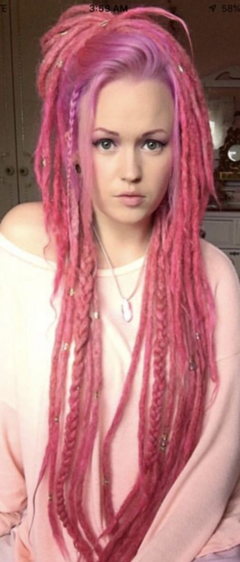 Pink dreads Pink Dreadlocks, Pink Synthetic Dreads, Orange Dreads, White Girl Dreads, Rasta Girl, Pink Dreads, Dread Hair Extensions, Hippie Dreads, White Dreads