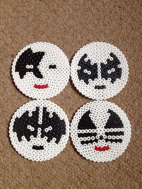 Set of 4 Kiss character coasters, perler beads. on Etsy, $14.95 Perler Bead Coasters, Bead Coasters, Hamma Beads Ideas, Perler Creations, Pearl Beads Pattern, Perler Ideas, Fuse Bead Patterns, Perler Art, Hama Beads Design