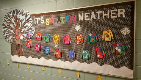 My newest bulletin board "It's Sweater Weather". Sweater Weather Kids, Sweater Weather Bulletin Board Ideas, Winter Scene Bulletin Board Ideas, January Kindergarten Bulletin Board, Ugly Christmas Sweater Bulletin Board, Hot Cocoa Bulletin Board Ideas For Kids, Winter Bulletin Board Kindergarten, Bulletin Board Ideas December, Winter Tree Bulletin Board