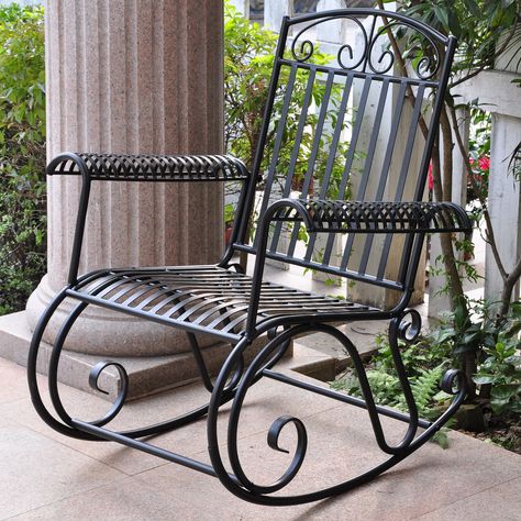 Rocking chair is constructed of durable iron Patio furniture features weather-resistant double powdercoated black finish Outdoor chair glides with a smooth rocking motion