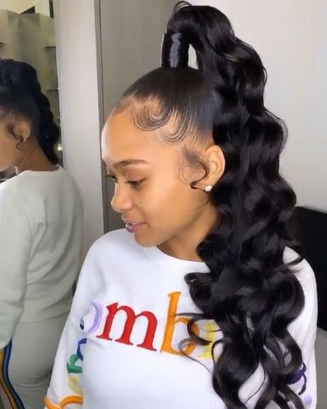 High Weave Ponytail Hairstyles Curly, Black Weave Ponytail Hairstyles, Sleek Ponytail With Curls, Genie Ponytail Weave, High Ponytail Hairstyles For Black Women, High Weave Ponytail, Sleek High Ponytail, High Ponytail Styles, Ponytail Weave