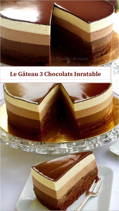 Recette inratable de 3 chocolats. gâteau d anniversaire, noël etc… Root Beer Pie, Triple Chocolate Mousse, Fluffy Chocolate Cake, Almond Pie, Delicious Strawberry Cake, Triple Chocolate Mousse Cake, Chocolate Mousse Cake, Mousse Recipes, Triple Chocolate