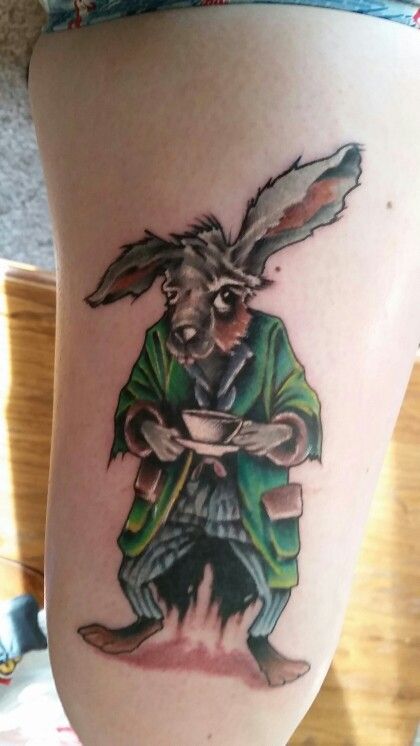 The March Hare Tim Burton Alice in Wonderland tattoo by Chris at Ink Slingers in Sparks Nevada Tim Burton Alice In Wonderland, Hare Tattoo, The March Hare, Alice In Wonderland Tattoo, Alice And Wonderland Tattoos, Wonderland Tattoo, Rabbit Tattoos, March Hare, Black Ink Tattoos