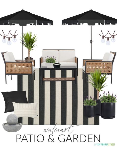 Patio Furniture Black And White, Cane Patio Furniture, Black And White Cabana Stripe Patio, Black And White Outdoor Patio Floor, Front Porch Decor Black And White, Patio Furniture Aesthetic, Black And White Striped Patio Decor, Outdoor Black And White Rug, Black White And Brown Patio Decor