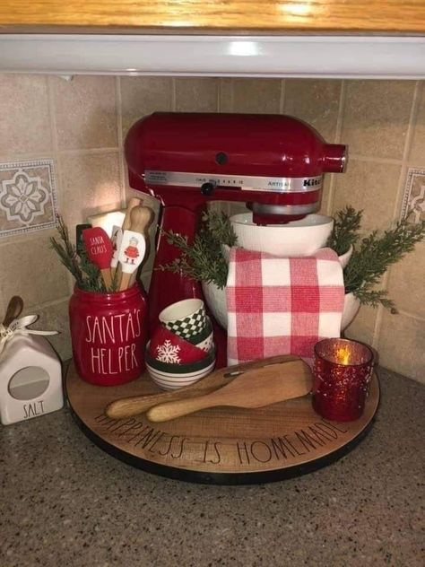 Mrs Claus Decorations, Mrs Claus Kitchen Decorations, Mrs Claus Bakery Decor, Kitchenaid Mixer Decor Ideas, Mixer On Counter Decor, Santa Kitchen Decor, Mrs Claus Kitchen, Santa Kitchen, Winter Kitchen Decor