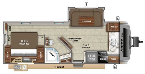 Camper Layout Floor Plans, Small Camper Layout, Trailer Layout, Camper Layout, Jayco Travel Trailers, Jayco Rv, Travel Trailer Floor Plans, Step Shelves, White Hawk