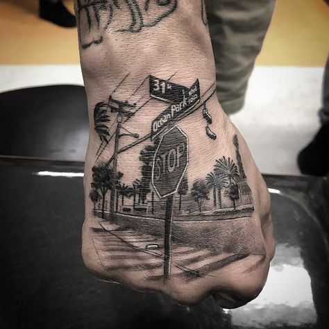 7,789 Me gusta, 111 comentarios - Isaiah Negrete (@booboonegrete) en Instagram: "The #Block ! #Streets #Corner #Signs #SantaMonica On @ajgordinier #HandTattoo" Tattoo 101, Urban Tattoos, Chicanas Tattoo, Couples Tattoos, Chicano Style, Art Flash, Gangsta Tattoos, Street Tattoo, Forarm Tattoos