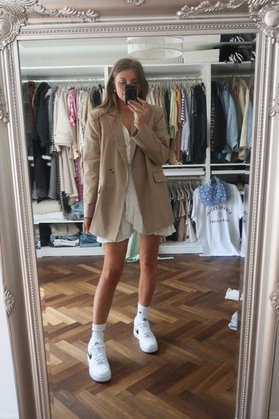 Tan Blazer & Nike Air Force 1 #NikeSneakers #NikeTrainers #OversizedBlazer Air Force 1 Outfit, Nike Air Force 1 Outfit, Florida Outfits, Tan Blazer, Nike Air Force 1 07, Boring Clothes, Oversized Blazer, Smock Dress, Nike Air Force 1