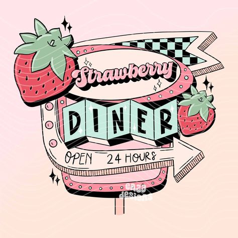 Strawberry Diner Png Sublimation Design For T-Shirt Digital Download, Trendy Spring Png Strawberry Season Design, Retro Summer Png Designs Spring Png, Design For T Shirt, Strawberry Season, Classy Tattoos, Summer Png, Retro Theme, Digital Drawings, Retro Summer, Summer Design