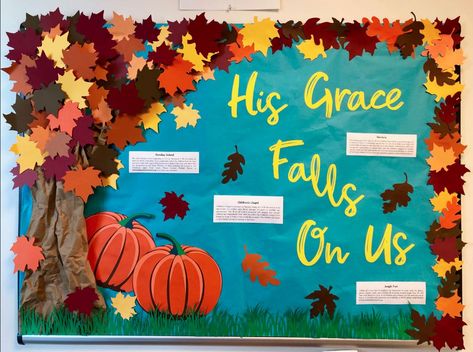 His Grace Falls On Us Bulletin Board, Fall Faith Bulletin Boards, Thanksgiving Billboard Ideas For School, Christian Halloween Bulletin Boards, Christian Bulletin Board Ideas For Fall, Fall For Jesus Bulletin Board, Fall Decor School Hallway, Fall Theme Board, Fall Christian Door Decorations