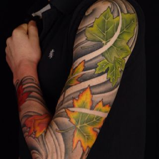 Maple leaf tattoo Shane Tattoo, Koru Tattoo, Maple Leaf Tattoos, Leaf Sleeve, Astronaut Tattoo, Leaf Tattoo, Bike Tattoos, Wicked Tattoos, Japanese Dragon Tattoos