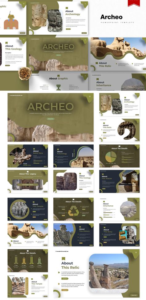 Archeo Powerpoint Presentation Template - 150+ Total Slides, on 5 Premade colors - 30 Slides for each Template Geography Presentation, Best Canva Templates, Presentations Design, Canva Instagram Templates, Free Powerpoint Presentations, Make A Presentation, Powerpoint Slide Designs, Presentation Design Layout, Powerpoint Presentation Design