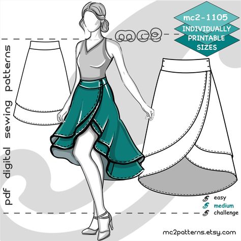 "Digital-PDF pattern for sewing a Flared A-line Wrap Double-Layer Skirt / Shaped Waistband, Dropped Hem & NO side-seams.   UK sizes: 6-8-10-12-14-16-18-20 US sizes: 2-4-6-8-10-12-14-16 To find out which size fits you best - use our MC2 Body Measurements Chart as your size guide (see picture). MATERIALS: Lightweight fabrics - could be the same for both layers OR any desired combination of density and colours. Size UK6: f-1: 110x170cm / 44\"x68\" f-2: 90x130cm / 36\"x52\" Size UK20: f-1: 110x215cm