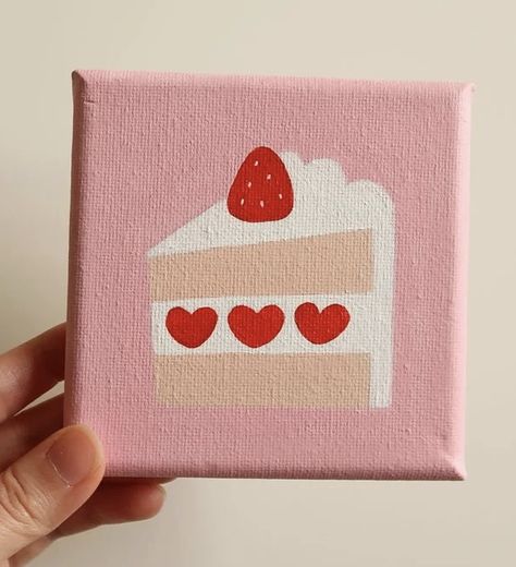 Pink Painting Easy, Food Painting Easy, Mini Lienzos Ideas, Easy Canvas Art For Beginners, Hearts Painting, Wallpaper Corinthians, Art Mini Toile, Tiny Paintings, Cute Easy Paintings