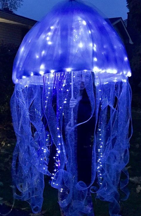 DIY Jellyfish Umbrella Costumes: Craft Aesthetic & Design Inspiration Adult Jellyfish Costume, Water Costume Ideas, Jellyfish Costume Umbrella, Jellyfish Costumes, Jellyfish Outfit, Jellyfish Costume Diy, Jellyfish Umbrella, Jellyfish Halloween Costume, Umbrella Jellyfish