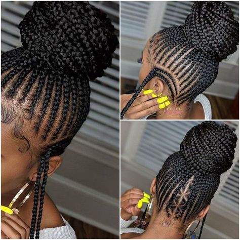 May 27, 2019 - This Pin was discovered by Lafonda Rush. Discover (and save!) your own Pins on Pinterest Braided Bun For Black Women, Updo Casual, Ghana Weaving Styles, Weaving Styles, Ghana Weaving, Braiding Styles, African Hair Braiding Styles, Braided Ponytail Hairstyles, Crochet Braids Hairstyles