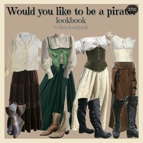 Pirate Era Clothes, Pirates Of The Caribbean Aesthetic Outfit, Shipwreck Aesthetic Outfit, Feminine Pirate Outfit, Pirate Outfits Aesthetic, Pirate Core Aesthetic Outfits, Pirate Core Outfits Modern, Casual Pirate Outfit Female, Piratecore Aesthetic Outfits