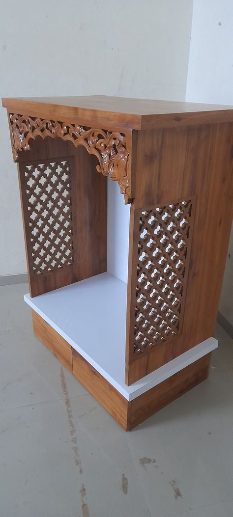 Stairs Furniture Design, Puja Cabinet Design, Pooja Room Ideas Indian Traditional, Pooja Room Ideas Indian, Puja Unit, Cnc Jali, Wooden Mandir, Wooden Temple For Home, Corner Shelf Design