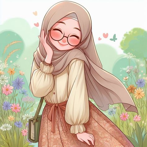 Hijab Girls Dp Cartoon, Hijab Cartoon Cute, A4 Size Paper Border Design Flower, Hijab Illustration, Doll Illustration, Fesyen Islam, Aesthetic Profile Picture Cartoon Soft, Girl Cartoon Characters, Anime Vs Cartoon