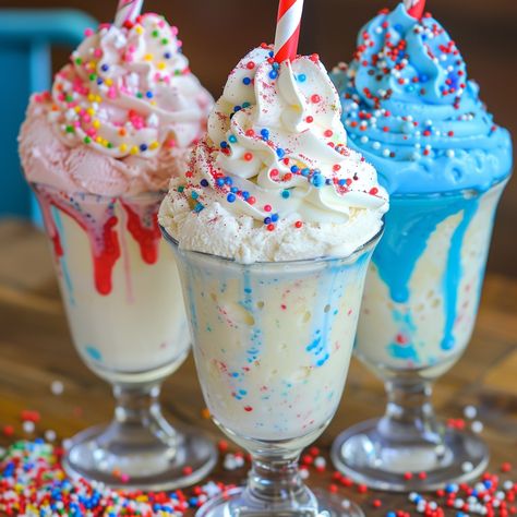 🍦 Celebrate with festive 4th of July Milkshakes! #FourthOfJuly #FestiveTreats 4th of July Milkshakes Ingredients: Vanilla ice cream (2 cups) Milk (1 cup) Red food coloring (a few drops) Blue food coloring (a few drops) Whipped cream (for topping) Sprinkles (red, white, and blue) Instructions: Blend ice cream and milk until smooth. Divide into three bowls; color one red, one blue, and leave one white. Layer the colors in a glass. Top with whipped cream and sprinkles. 🍦🎆 Enjoy this fun and ... Patriotic Treats, Food Reference, Ice Cream Sprinkles, Instagram Recipes, Twisted Recipes, Kid Drinks, Blue Food Coloring, Blue Food, Red Food Coloring