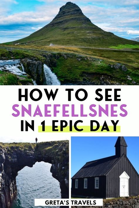 The Snaefellsnes Peninsula is one of the most scenic regions of Iceland. You can expect to find incredible rock formations, stunning waterfalls, epic volcanoes and unique black sand beaches. Discover how to see all the main highlights of the Snaefellsnes Peninsula in one day only! #snaefellsnes #snaefellsnespeninsula #iceland #icelandtraveltips Aurora Iceland, Iceland Campervan, Iceland Summer, Black Sand Beaches, Iceland Vacation, Travel Iceland, Iceland Trip, Snaefellsnes Peninsula, Iceland Travel Tips