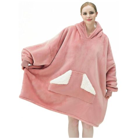 Touchat Wearable Blanket Hoodie, Oversized Sherpa Blanket Sweatshirt with Hood Pocket and Sleeves, Super Soft Warm Plush Hooded Blanket for Adult Women Men, One Size Fits All (Pink)