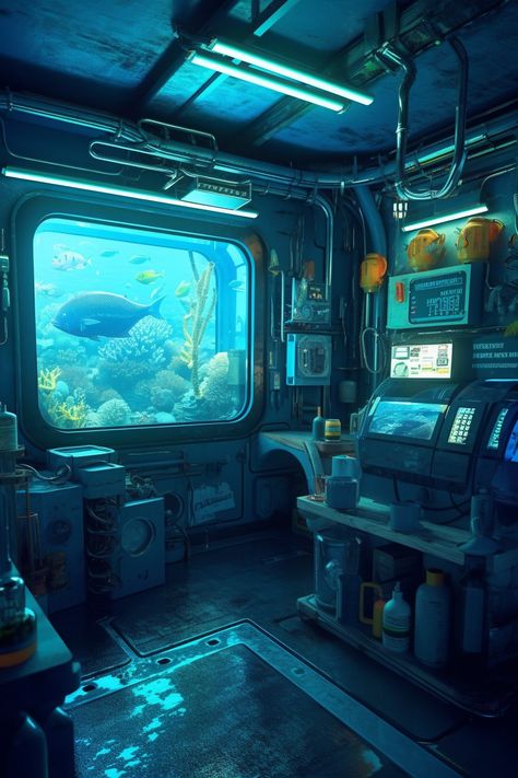 Underwater Base Concept Art, Futuristic Ocean City, Sci Fi Aquarium, Hydro Punk City, Water Cyberpunk, Underwater Cyberpunk, Cyberpunk Aquarium, Sea Punk Aesthetic, Subnautica Aesthetic