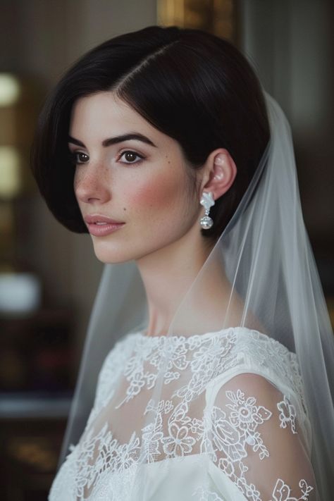 Chic and striking, wedding hairstyles for short hair add unique charm to any bride's look. Here are the top short hairstyles to consider. Bridal Short Hairstyles With Veil, Bob Hairstyle Wedding, Short Hair Veil, Bride With Short Hair, Short Hair Wedding Styles, Chic Wedding Hairstyles, Hair Wedding Styles, Curled Pixie Cut, Short Hair Wedding