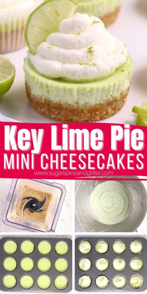 Transport your tastebuds to the Florida Keys with this sweet, pleasantly tart and creamy Mini Key Lime Pie Cheesecake recipe. It combines the unmistakably tropical flavor of a tart key lime pie with the rich creaminess of cheesecake to create one irresistible summer dessert. Key Lime Pie Recipe Mini, Key Lime Cheesecake Cookies, Keylime Cheesecake Recipe No Bake, Mini Coconut Cheesecakes, Mini Keylime Pie Recipe, Margaritaville Desserts, Key Lime Cheesecake Cups, Summer Time Food Ideas, Key Lime Pie Cheesecake Recipe