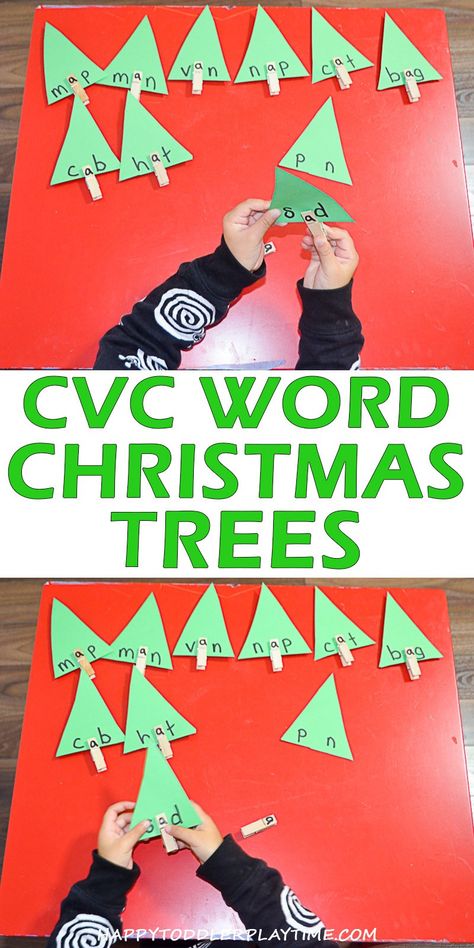 CVC Word Christmas Trees – HAPPY TODDLER PLAYTIME Build a Christmas tree and read a CVC word! This is a fun and easy CVC activity for your kindergartner that works on both early reading and fine motor skills! Early Reading Activities, Vowel Activities, Cvc Activities, Preschool Language, Crafts And Activities For Kids, Fun Christmas Activities, Children Activities, Cvc Word, Fine Motor Skills Activities